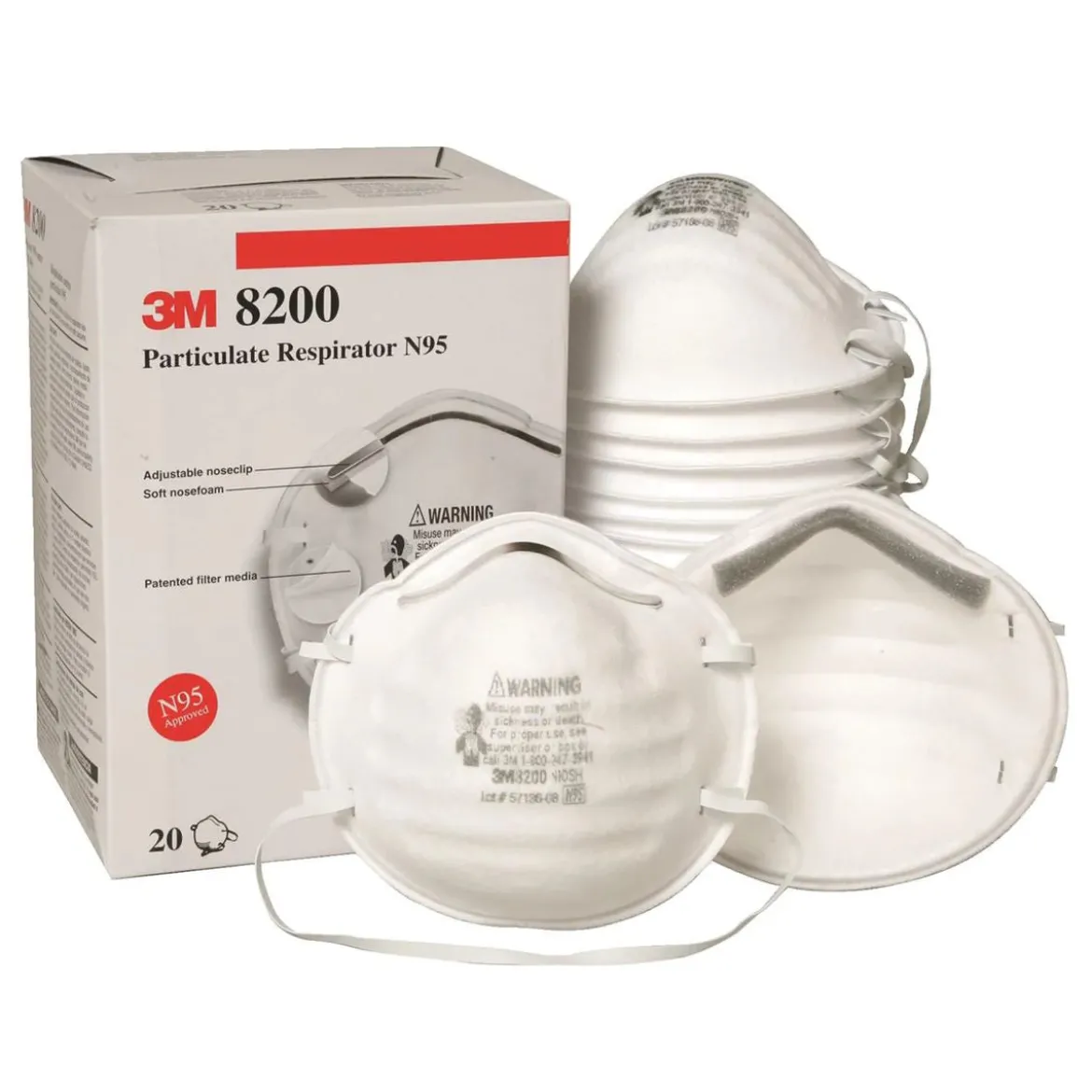 3M™ #8200 NIOSH Approved N95 Disposable Respirator Masks (No Valve) - Box of 20