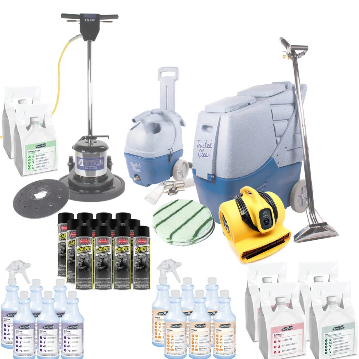 Trusted Clean 'Maximum' Contractor Carpet Cleaning Package w/ Extractor, Floor Buffer & Spotter